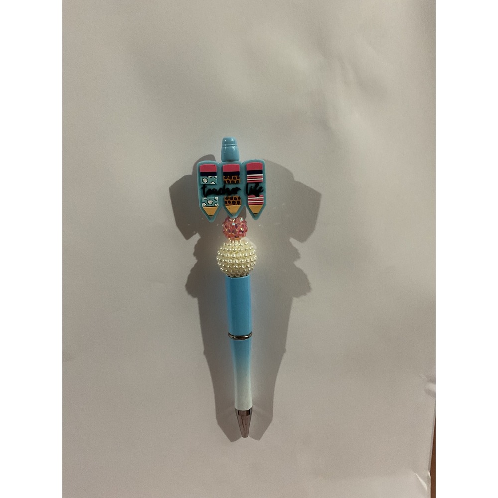 Teacher Life Silicone Beaded Pen Blue Ombre Pencil Charms School Gift Ballpoint